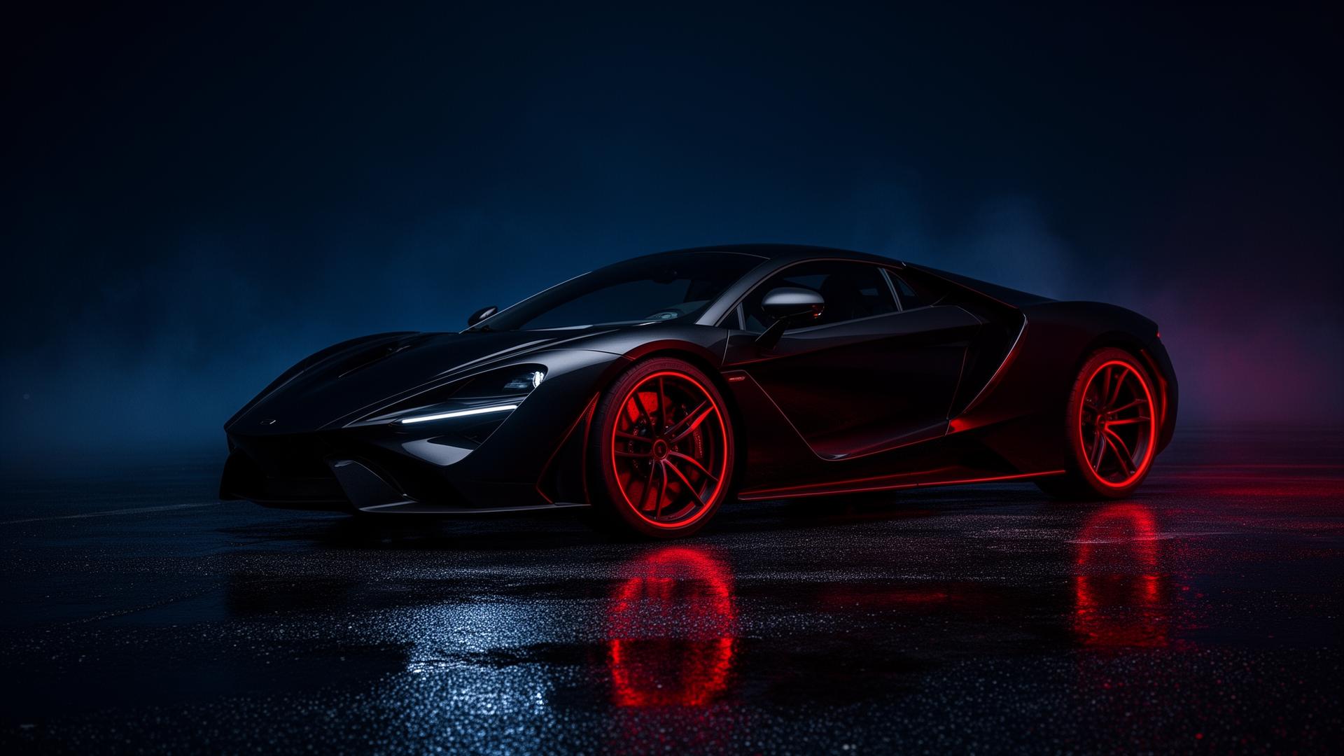 Black exotic supercar with red rim lighting on wet asphalt