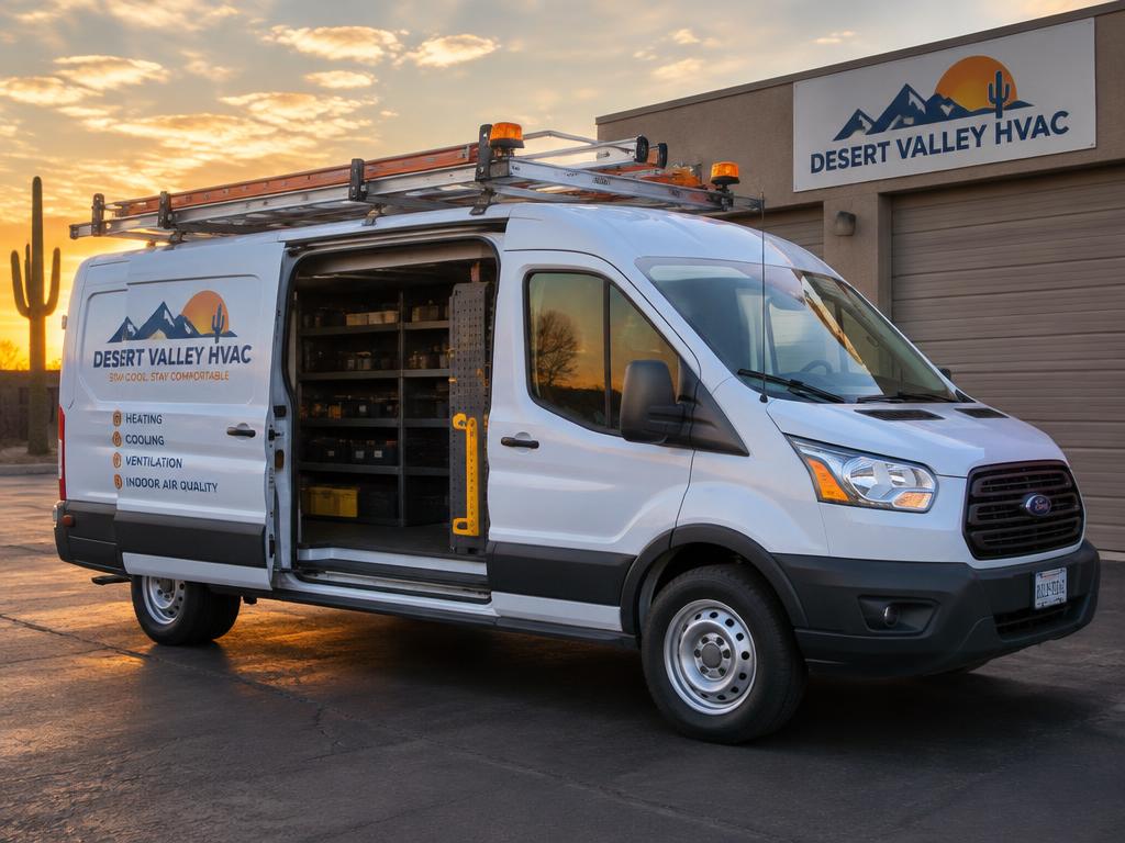 HVAC service van with ladder rack and interior shelving