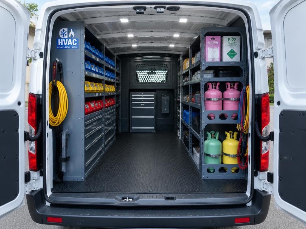 Inside an HVAC van with shelving, drawers and tank racks