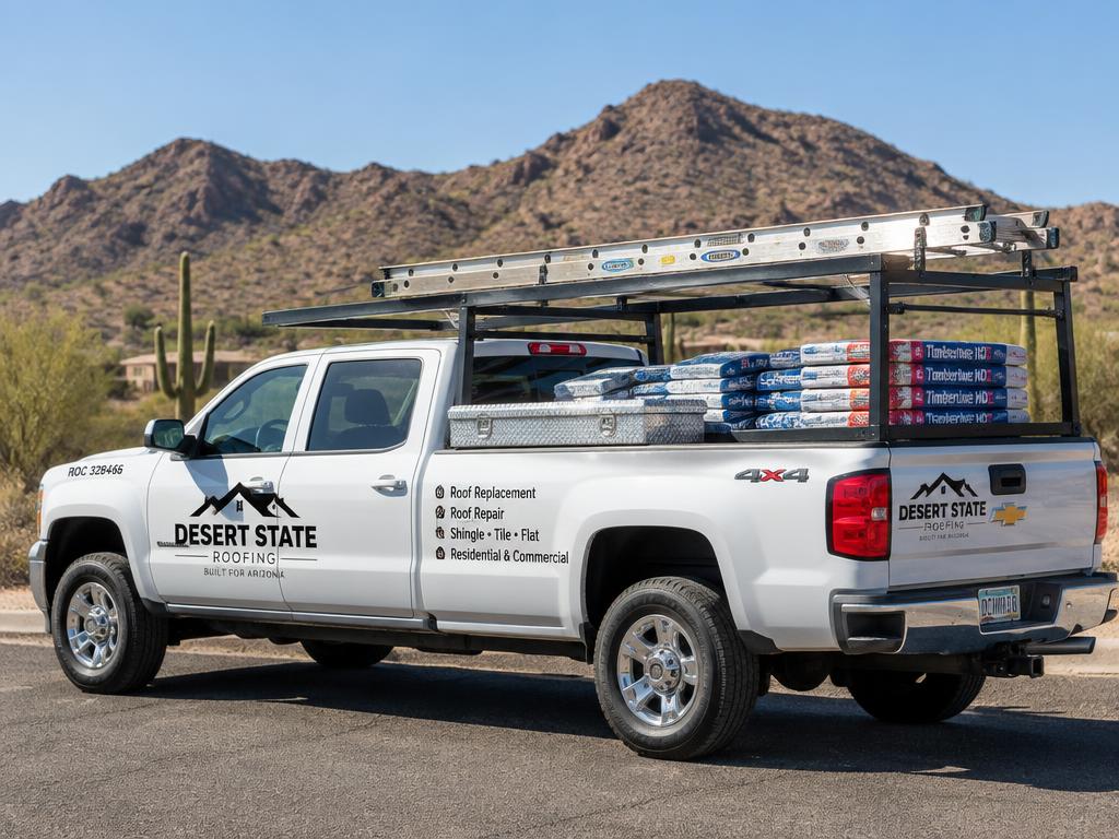 Roofing pickup truck with ladder rack and toolbox