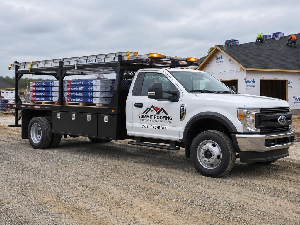 Roofing flatbed truck with side toolboxes and material rack